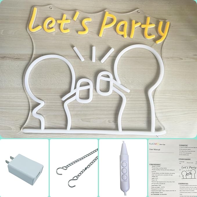Let's Party Neon Sign - Dimmable neon LED sign with 5V Charger, Original Design for Creating a Happy Atmosphere, Can be used for Birthday Wedding Bars Drink Good Vibes Neon Sign