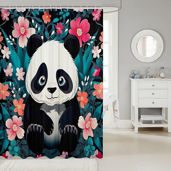 Feelyou Panda Fabric Shower Curtain Cute Panda Shower Curtain for Boys Girls Cartoon Bathroom Waterproof Accessories with 12 Hooks Flower Pattern Curtains,72x72 Inches