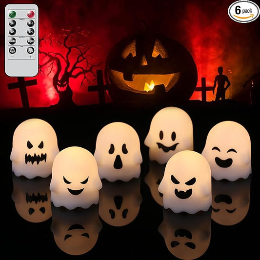 DRomance Ghost Flickering Flameless Candles Battery Operated with Remote and Timer 6 Pack Spooky White LED Tea Lights Candles Dimmable Light Halloween Indoor Decoration Gifts(2 x 2.4 Inches)