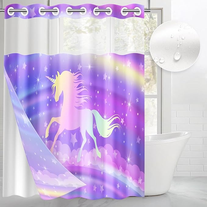Rainbow Purple Unicorn No Hook Shower Curtain with Snap in Liner, Princess Horse Cute Bath Curtain with Double Layers Waterproof Fabric and Mesh Top Window 71x74 Inch