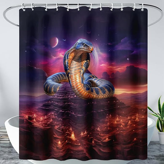 AILONEN 3D Snake Shower Curtain,Red Starry Retro Pyramid Snake Bath Curtain for Bathroom Decor,Terror Snake Printed Polyester Waterproof with Plastic Hooks 36" W*72" H