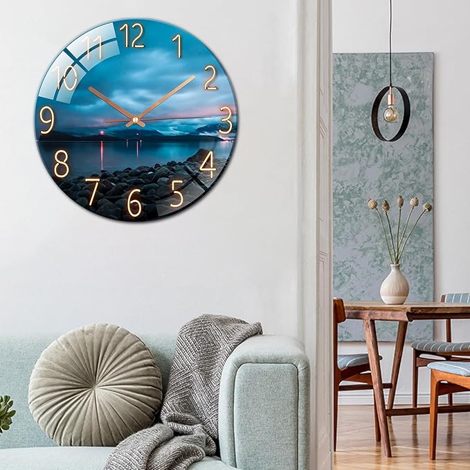 Ergocar Glass Wall Clock Silent Scanning Mechanical Round Glass Wall Clock, Suitable for Living Room, Kitchen, Office.