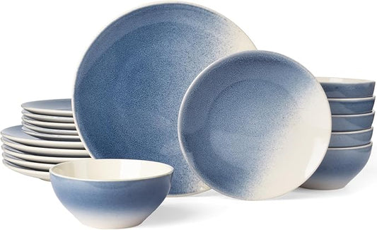 Famiware Glacier Dinnerware Sets, Plates and Bowls Dish Sets for 6 (18 Pieces), Stoneware Tableware - Dishwasher and Microwave Safe, Handcrafted Reactive Glaze, Azure Blue