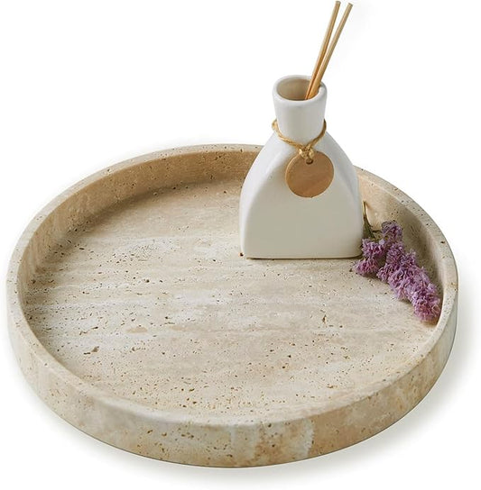 Travertine Marble Vanity Tray, Round Ottoman Tray Minimalist Modern Decorative & Fruit Serving Plate for Bathroom, Kitchen, Nightstand, Coffee Table Decor, Jewelry Ring Dish Holder, Beige