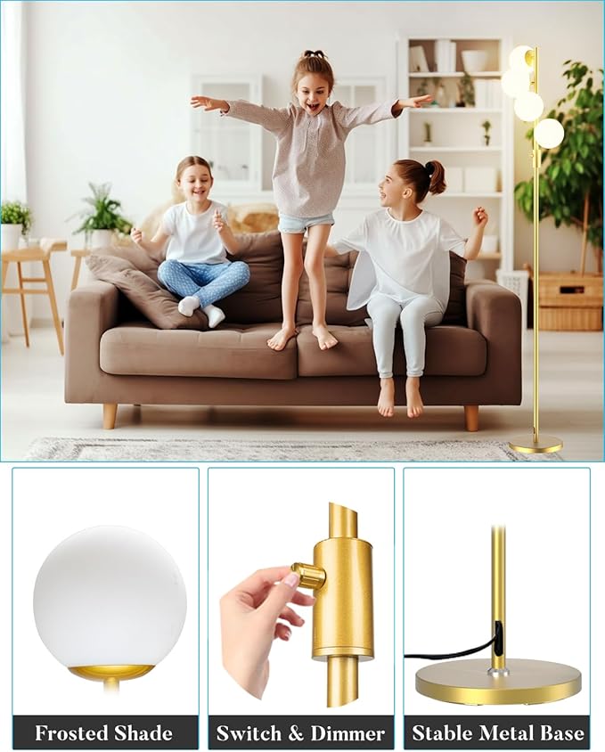 64IN Dimmable Gold Floor Lamp, Tall Standing Lamps with 4 Globe Soft Warm White Eye Care 3000K G9 Bulbs, Mid Century Modern Floor Lamp for Bedroom Office