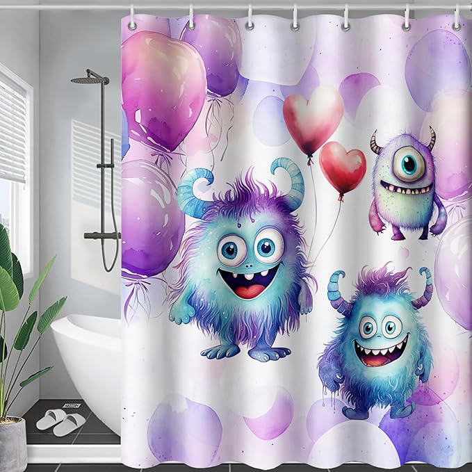AILONEN Monster Shower Curtain for Bathroom, Cute Monster Purple Balloon Printed Bath Curtain,Women Girls Kids Minimalist Waterproof Fabric Shower Curtain Set with Hooks 36" W*72" H