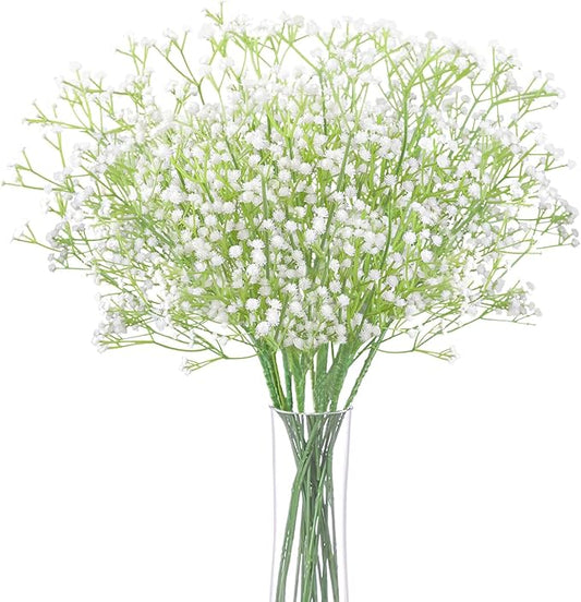 N&T NIETING 10Pcs Artificial Baby Breath Flowers White with Long Stem, Real Touch Silk Gypsophila Bouquets Bulk for Wedding, DIY Floral Arrangements, Home & Office Decor, Party Centerpieces, White
