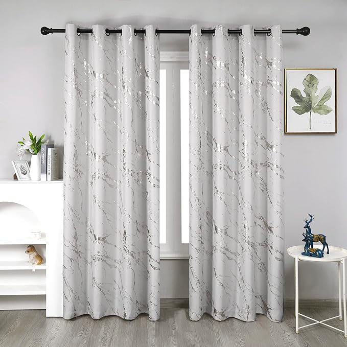 Taisier Home Silver Foil Print Linen Textured Curtains Geometric Marble Pattern Design Curtains for Living Room Light Filtering Window Treatment 2 Panels 84" L,Beige and Silver Print
