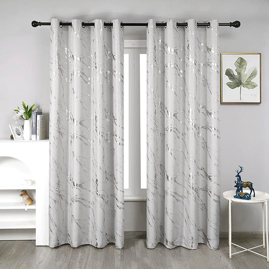 Taisier Home Silver Foil Print Linen Textured Curtains Geometric Marble Pattern Design Curtains for Living Room Light Filtering Window Treatment 2 Panels 84" L,Beige and Silver Print