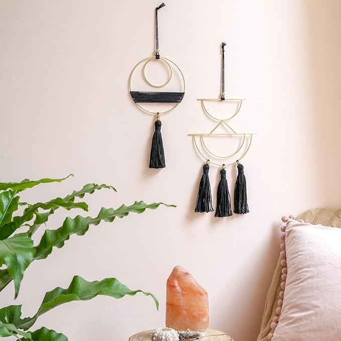 Mkono 2 Pcs Small Macrame Wall Hanging Boho Decor Cute Home Art Ornament with Gold Metal Ring for Bedroom Living Room Nursery Bathroom, 12.6''H x 7.6''W and 11.5''H x 5.9''W, X-Small