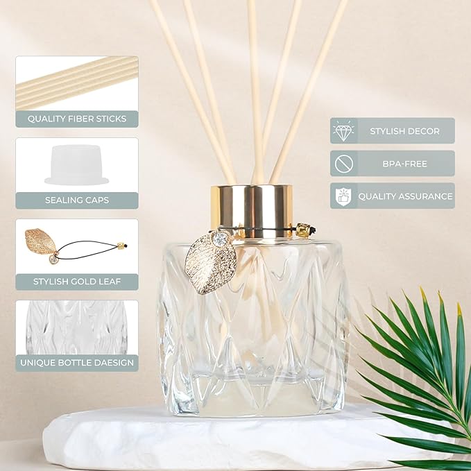 4Pcs Reed Diffuser Set with Metal Golden Decoration, 3.5oz Empty Reed Diffuser Bottles with 20Pcs Reed Diffuser Sticks, Unique Design Bottles for Home and Office(Prismatic)