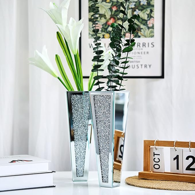 Crystal Wall Vase Hanging Flower-vase - Silver Crushed Diamond Mirrored Container Flower Vase Home Decor for Living Room, Dining Room, Bedroom, Set of 2 （11.2 Inch High） Wittolins
