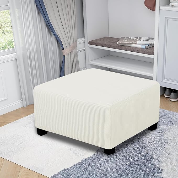Easy-Going Stretch Square Ottoman Cover 40x40x15 inch Folding Storage Stool Furniture Protector Soft Rectangle slipcover with Elastic Bottom Cream