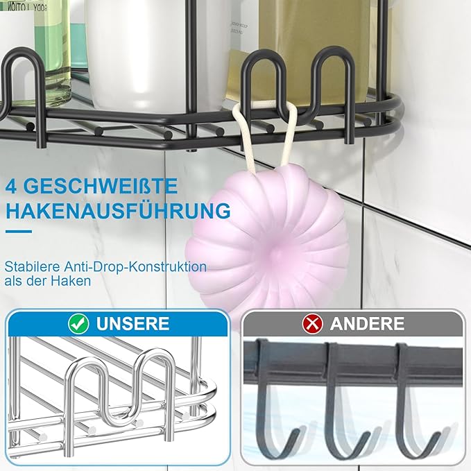 STEUGO Corner Shower Caddy, 3 Pack Adhesive Shower Corner Organizer Shelves, No Drilling Stainless Steel Shower Storage Rack with 12 Hooks for Bathroom, Dorm and Kitchen (Matte Black).