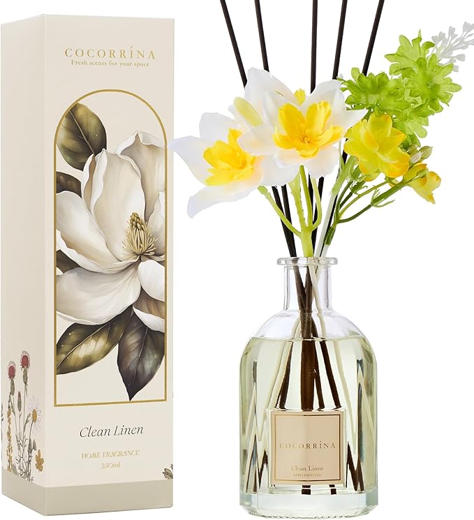 COCORRÍNA Reed Diffuser - Clean Linen 8.5 Fl.oz/ 250ml Flower Diffuser with 8 Sticks, Reed Diffusers for Home Bathroom Shelf Decor (Botanical Flower Collection)