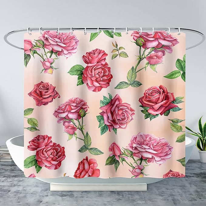AILONEN Rose Shower Curtain, Watercolor Red Rose Theme Waterproof Shower Curtain Set,Dreamy Romantic Vintage Flower Bathroom Decors for Girls Teens Women,72" W*78" H