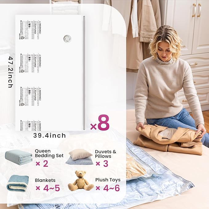 TAILI 8 Pack Vacuum Storage Bags for Comforter and Blankets, XXL Jumbo Vacuum Seal Bags for Bedding (47x39 Inch), Huge Space for Toy, Bedding, Pillows, Save More Closet Space
