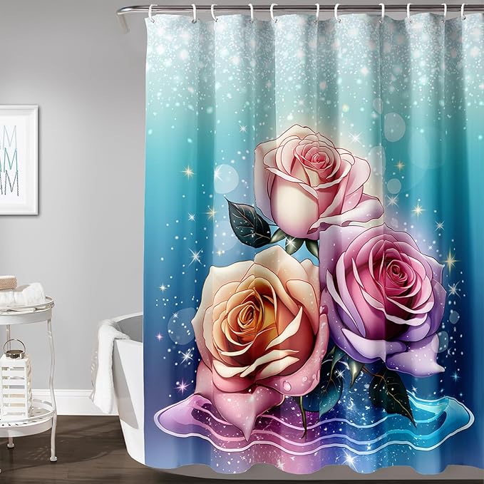 AILONEN Rose Shower Curtain for Bathroom Decor,Galaxy Pink Rose Bath Curtain Gifts for Girls Women,Modern Minimalism Curtain,Polyester Waterproof with 12 Plastic Hooks, 72" W*96" H