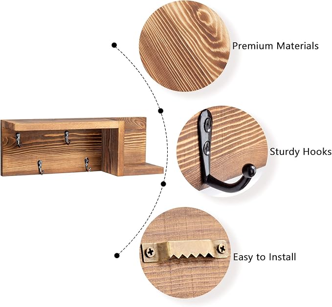 AKKO Wooden Key Holder for Wall Decorative Mail and Key Holder Organizer with 4 Key Hooks and “Z” Shape Wall Mount Floating Shelf,Rustic Home Decor for Wall, Entryway, Mudroom, Bathroom