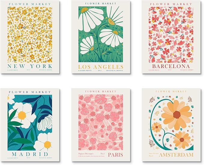 Habseligkeit Flower Market Posters for Room Decor Aesthetic, Danish Pastel Room Decor, Floral Wall Art Prints for Girs Dorm Aesthetic Decor Unframed, 11x14in, Set of 6