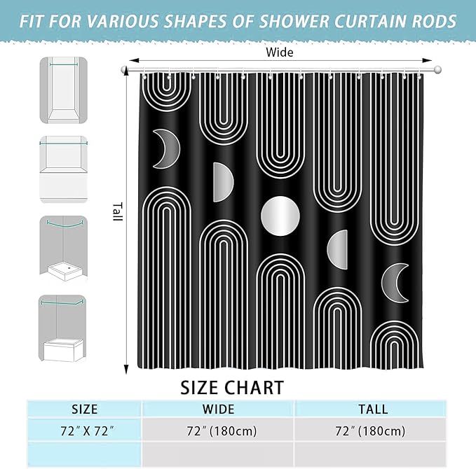 Boho Shower Curtains for Bathroom Mid Century Minimalist Abstract Aesthetic Modern Bathroom Decor Curtain Machine Washable Waterproof Fabric with 12 Hooks (Black Minimalist, 72" x 72")