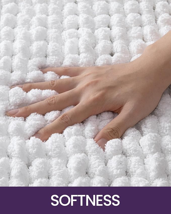 DEXI Bathroom Rugs 24x43, Non Slip Washable Bath Mat, Luxury Chenille Super Absorbent Thick Bathmats for Shower Floor, Plush Fluffy Shaggy Carpet for Tub, White