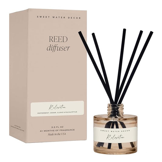 Sweet Water Decor Relaxation Reed Diffuser – Room Decor Aesthetic with Long-Lasting Premium Fragrance of Eucalyptus, Cedar, Patchouli, Vanilla 4 Months – Ideal for Aromatherapy and Home Decor