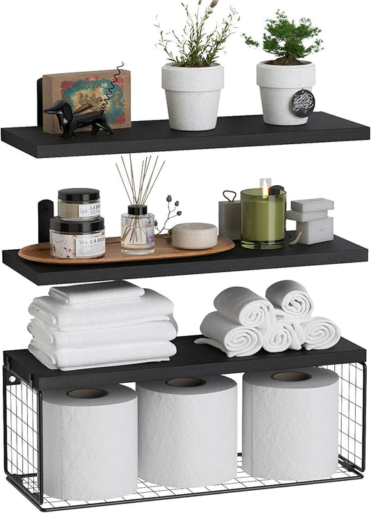 WOPITUES Bathroom Shelf Over Toilet, Floating Bathroom Shelf Wall Mounted with Wire Basket, Floating Shelf for Wall Décor-Black