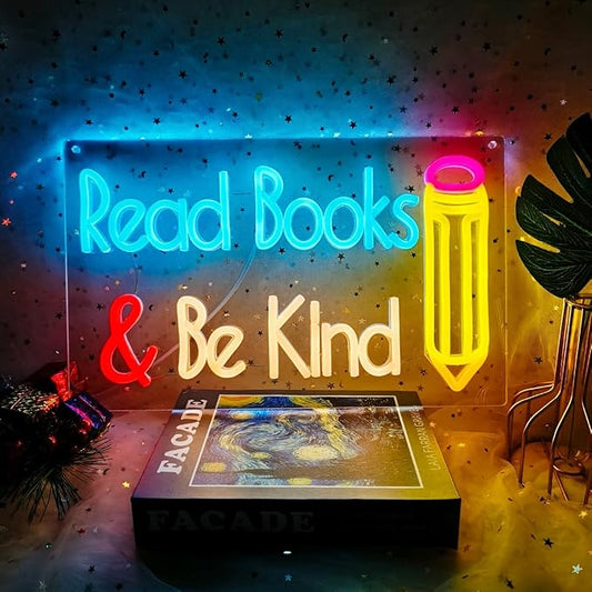 Read Books and Be Kind Neon Sign for Wall Decor, Dimmable LED Reading Sign Classroom, USB Books Neon Light for Reading Room Library Book Party Decoration, 15”x 9.2”
