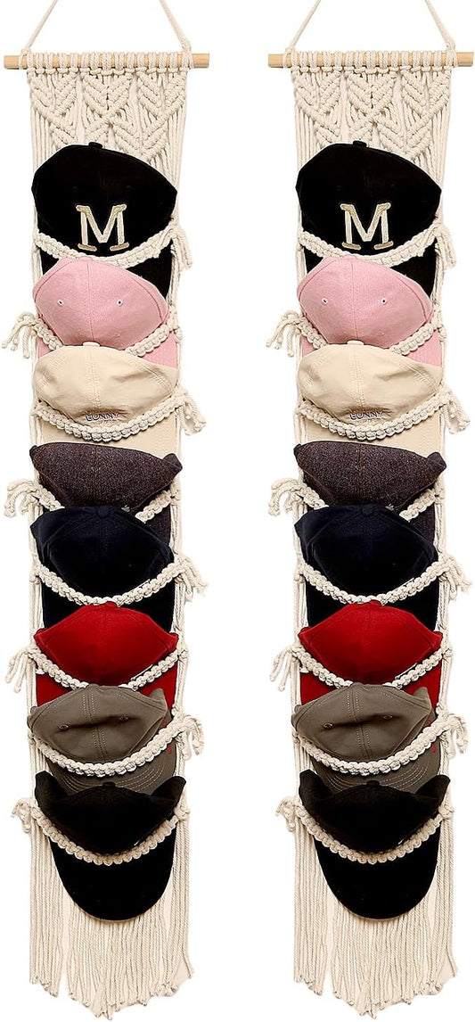 Boho Ball Cap Hanger-2 Pack-Boho Macrame Cap Holder Wall Hat Organizer for Baseball Cap Holder Over Door, Hat Rack for Wall Cap Rack Disaplay Bearoom Decorations