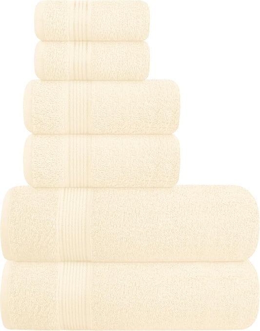 Belizzi Home Ultra Soft 6 Pack Cotton Towel Set, Contains 2 Bath Towels 28x55 inch, 2 Hand Towels 16x24 inch & 2 Wash Coths 12x12 inch, Ideal for Everyday use, Compact & Lightweight - Ivory