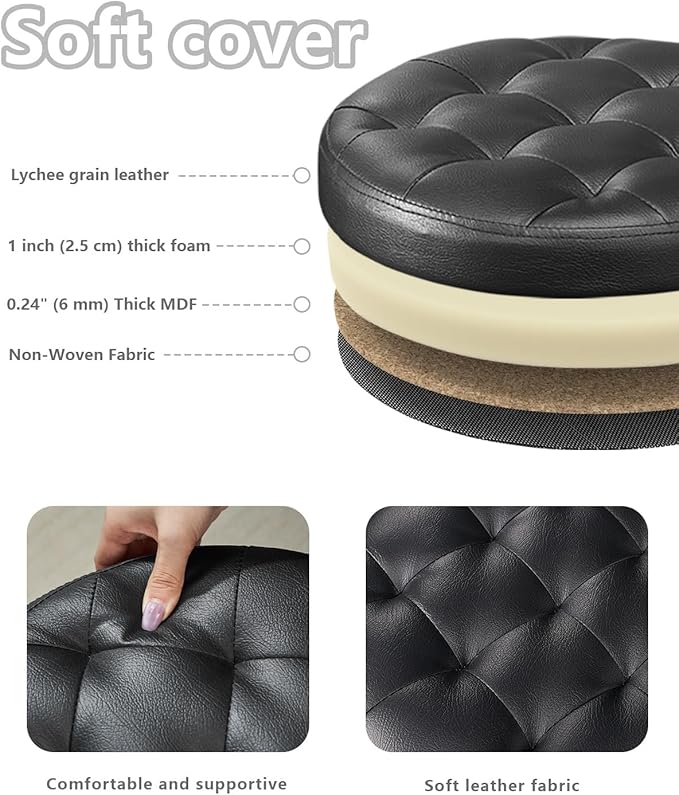 Bsketa® Folding Storage Ottoman Round 14" x 14" x 13"Inch, Foot Stool with Thicker Foam Padded Seat Small Leather Storage Ottoman Bench Foot Rest for Living Room Foldable Pouf Coffee Table,Black