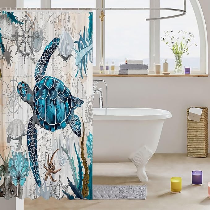 Feelyou Sea Turtle Shower Curtain Ocean Sailboat Compass Fabric Shower Curtain for Kids Boys Girls Nautical Theme Bathroom Waterproof Accessories with 12 Hooks Ocean Creature Curtains,72x78 Inches