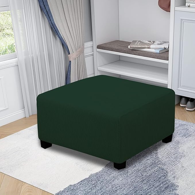Easy-Going Stretch Square Ottoman Cover Folding Storage Stool Furniture Protector Soft slipcover with Elastic Bottom (30x30x15inch, Dark Green)
