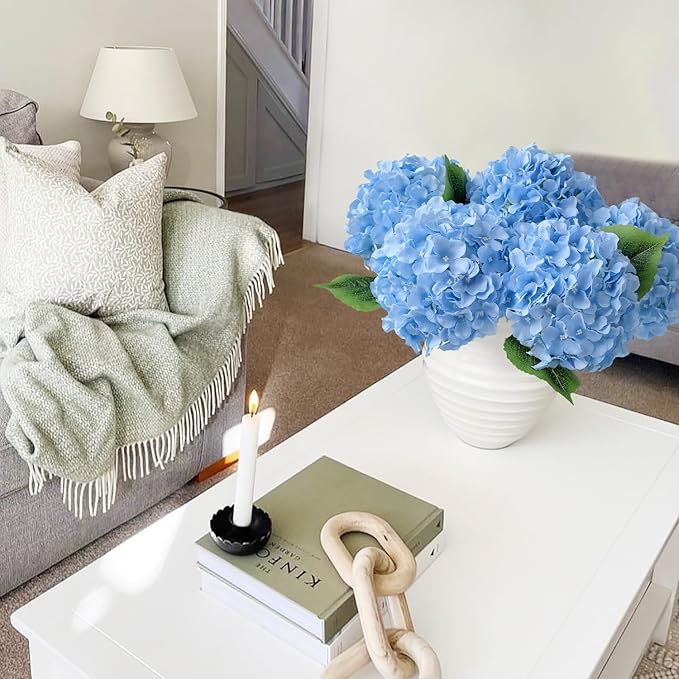 Blue Flowers Hydrangea Artificial Flowers, 5Pcs 20Inch Large Lifelike Silk Artificial Hydrangeas, Full Fake Flowers for Bouquet Table Centerpieces Wedding Indoor Home
