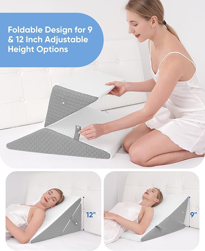 Forias Wedge Pillow for Sleeping 7-in-1 Foldable Bed Wedge Pillow for After Surgery 9 &12 Inch Adjustable Memory Foam Triangle Pillow Wedge for Acid Reflux Gerd Snoring Back Knee Pain