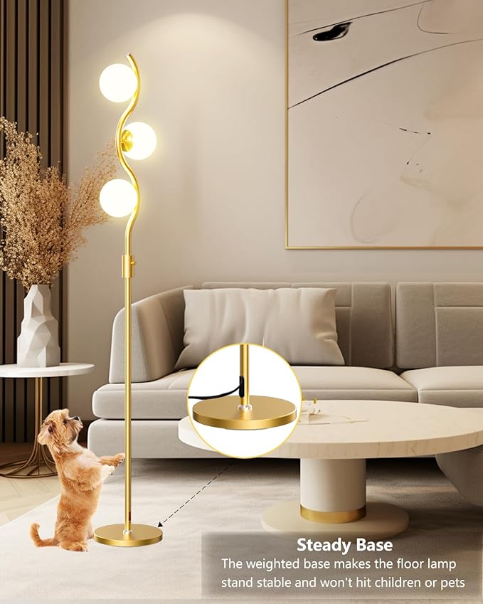 60IN Dimmable (Brightness Adjustable) Gold Floor Lamp, Modern Standing Lamps with 3 Globe Soft Warm White 3000K Bulbs, Mid Century Floor Lamp for Living Room Bedroom Home Decor