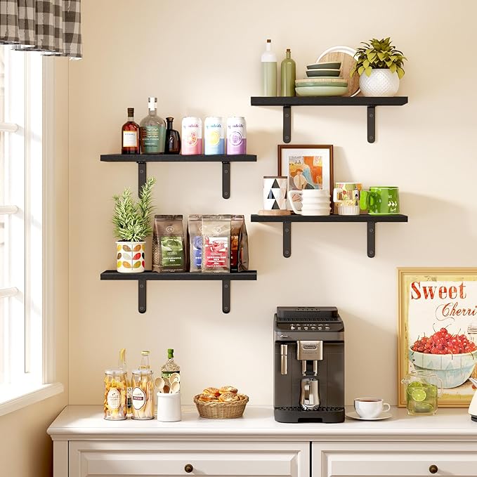 Fixwal Floating Shelves - 4 Set Farmhouse Wood Wall Mounted Shelves for Bedroom & Bathroom Storage, Book Shelf - Black