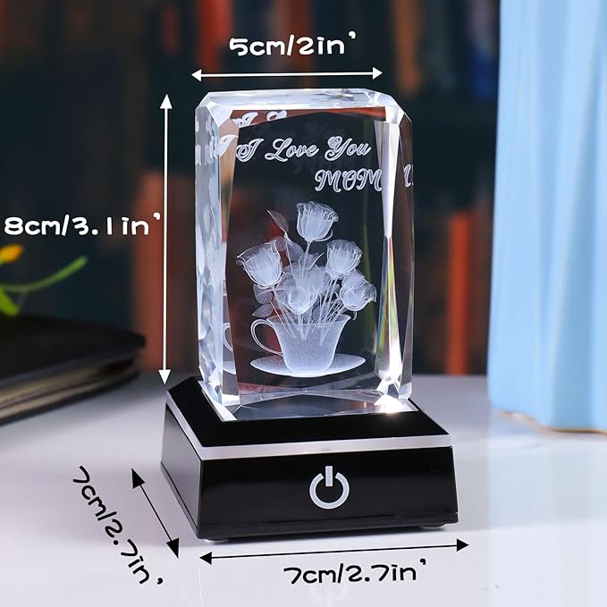 Movdyka 3D Crystal Rose Flower Figurine I Love You Mom Gifts for Her, Birthday Unique Gift for Mom from Daughter or Son with Light Base