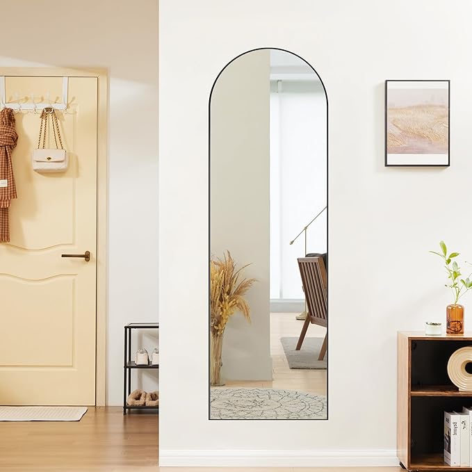 Sweetcrispy 59"x16" Arched FFull Length Mirror, Standing or Leaning Full Body Mirror with Aluminum Alloy Thin Frame, Suitable for Bedroom or Cloakroom,Black