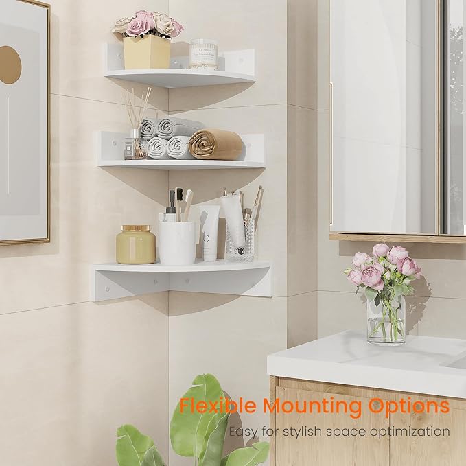 Homode Floating Corner Shelves, Set of 3 Wood Corner Wall Shelves with Wire Hole, 12 Inch Deep Hanging Corner Display Shelf for Living Room, Kitchen, Bedroom, White
