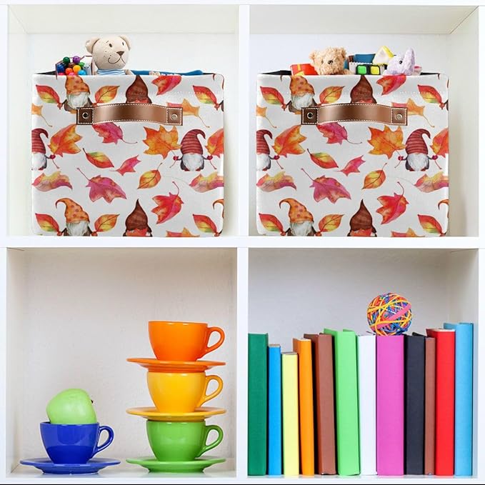 Fall Gnomes Storage Basket Fabric Kitchen Baskets Autumn Maple Leaves Open Home Storage Bins Boxes Foldable Organizer Bag for Baby Cloth Pet Toy Book Shelf Closet Baskets 16×12×8 Inches
