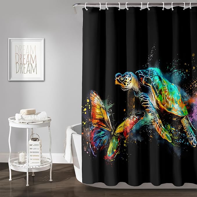 AILONEN Sea Turtle Shower Curtain, Tie Dye Turtle and Butterfly Bathroom Curtain,Minimalist Black Bath Curtain 72" W*96" H Polyester Waterproof Bathroom Curtain with 12 Hooks