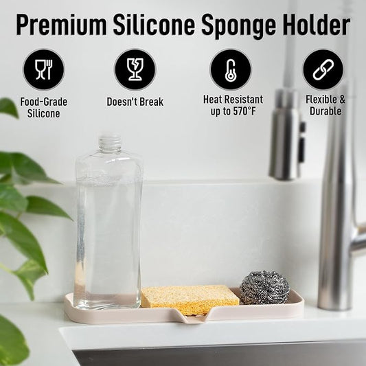 Zulay Large Silicone Sponge Holder (12x4) – Flexible Sink Organizer Tray for Kitchen & Bathroom – Multipurpose Soap Dish for Sponges, Makeup, Trinkets & More (Ivory)