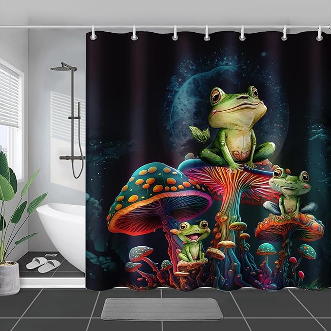 AILONEN Frog Mushroom Shower Curtain Cartoon Animal Wildlife Frog Mystic Black Sky Red Mushroom Minimalist Modern Art Shower Curtain Bathroom Decor Curtains with 12 Hooks,Green 48" W*72" H