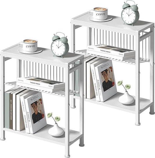 End Table Set of 2 for Small Space, 3-Tier Narrow Side Table with Magazine Holder,Small Nightstand, Skinny Snack Couch Table in Living Room, Bedroom Study and Balcony (White)