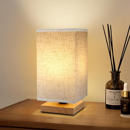 Small Square Bedside Table Lamp for Bedroom, Minimalist Wood Base & Round Fabric Shade, Mini Cute Cozy Warm Nightstand Boho Lamp, Study Desk Night Stand Light for Room, Dorm, Nursery, Living Room