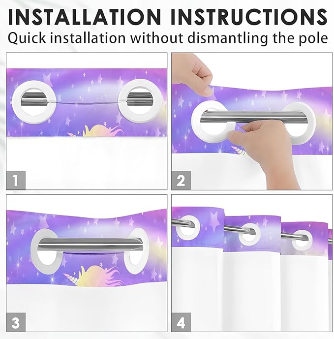 Rainbow Purple Unicorn No Hook Shower Curtain with Snap in Liner, Princess Horse Cute Bath Curtain with Double Layers Waterproof Fabric and Mesh Top Window 71x74 Inch