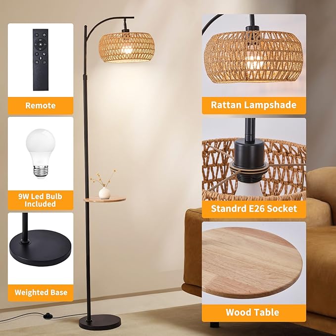 Black Floor Lamp for Living Room, Boho Rattan Floor Lamp with Shelf Farmhouse Standing Lamp with 3 Color Temperature, Arc Cornor Tall Lamp for Bedroom Office,Remote & Dimmable LED Bulb Included.