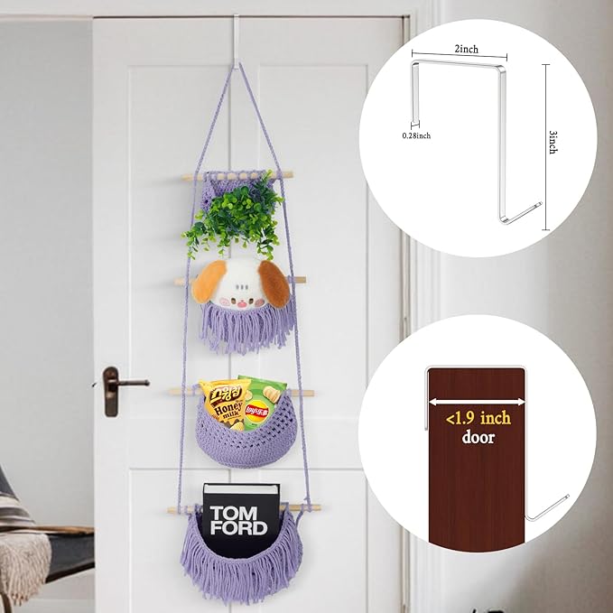 4 Tier Hanging Fruit Basket for Kitchen, Purple Boho Cotton Crocheted Produce Holder for Bathroom Bedroom, Detachable Wall Hanging Basket Shelves Over Door Organizer for Fruit Veggie Plant